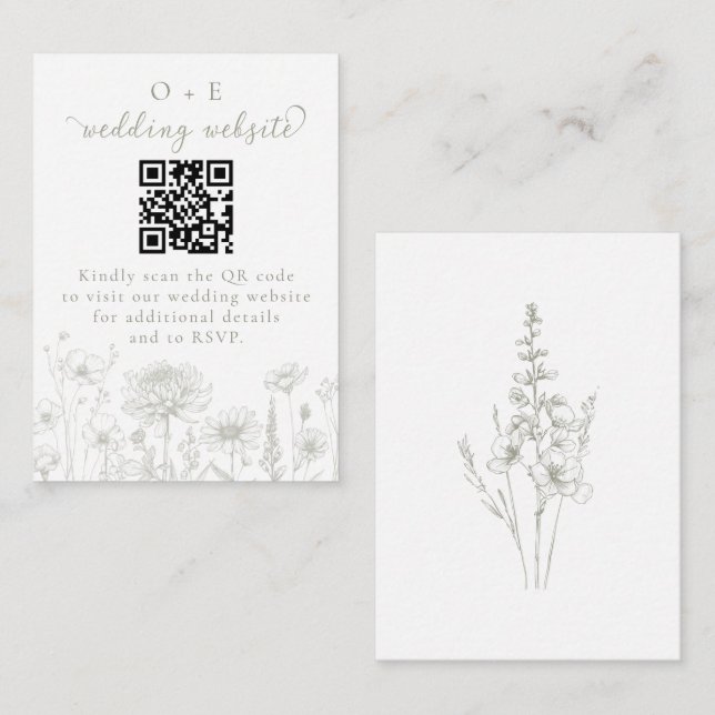 Sage Green Botanical Minimal Wedding Website QR Enclosure Card (Front/Back)