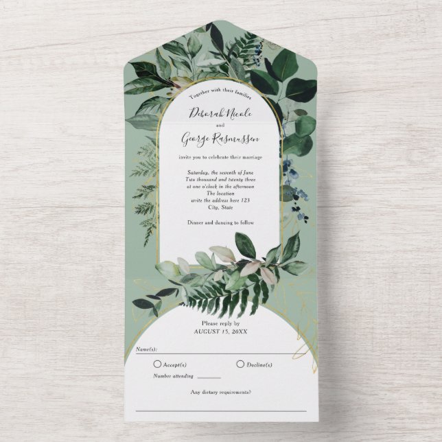 Sage Green, Botanical Modern Bohemian Arched All I All In One Invitation (Inside)