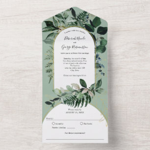 Sage Green, Botanical Modern Bohemian Arched All I In One Invitation