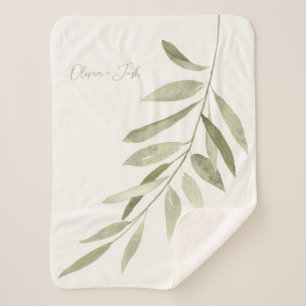 Sage Green Botanical Modern Boho Personalized Sherpa Blanket