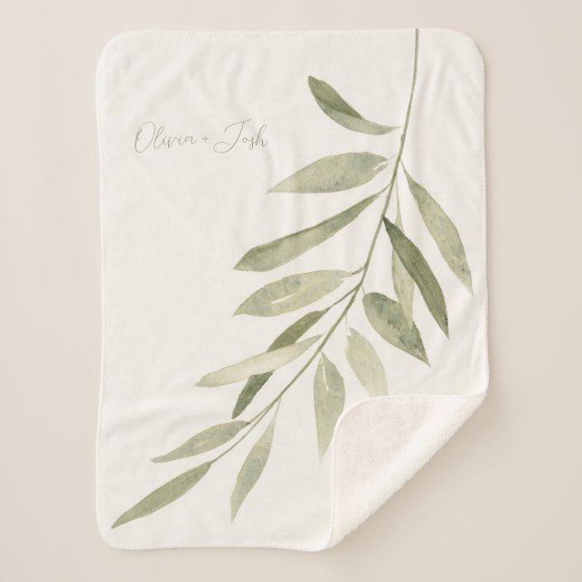 Sage Green Botanical Modern Boho Personalized Sherpa Blanket (Front)