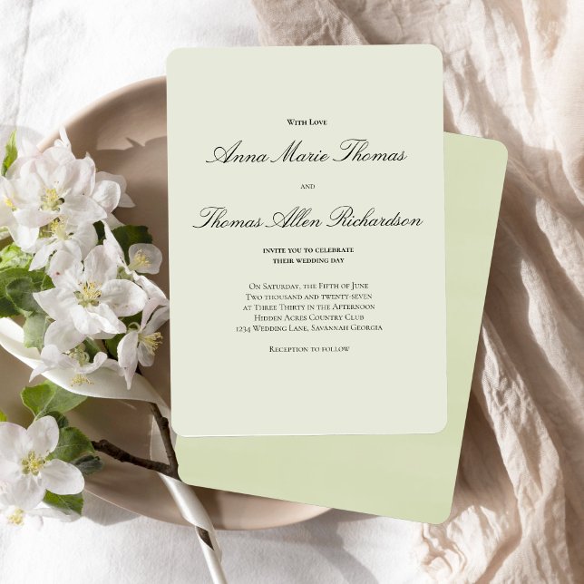 Sage Green Botanical Modern Script Wedding Invitation (Elegant sage green script invitation with soft, romantic minimalist design.)