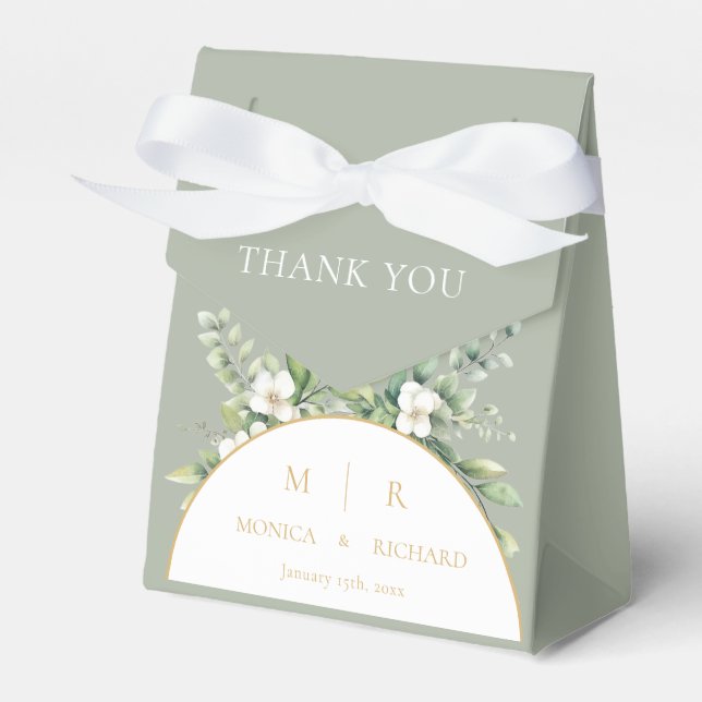 Sage Green Botanical Monogram Wedding Favour Boxes (Front Side)