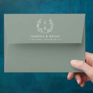 Sage Green Botanical Monogram Wreath Wedding Envelope