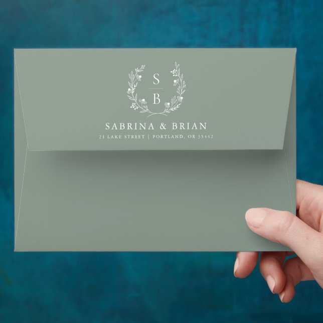 Sage Green Botanical Monogram Wreath Wedding Envelope (Hand)