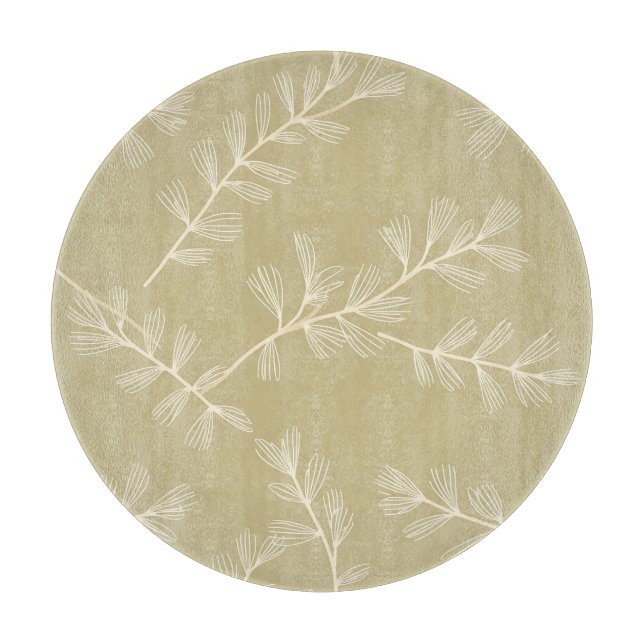 Sage Green Botanical Pattern Cream Hand Drawn Leaf Cutting Board (Front)