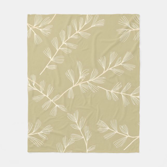Sage Green Botanical Pattern Cream Hand Drawn Leaf Fleece Blanket (Front)