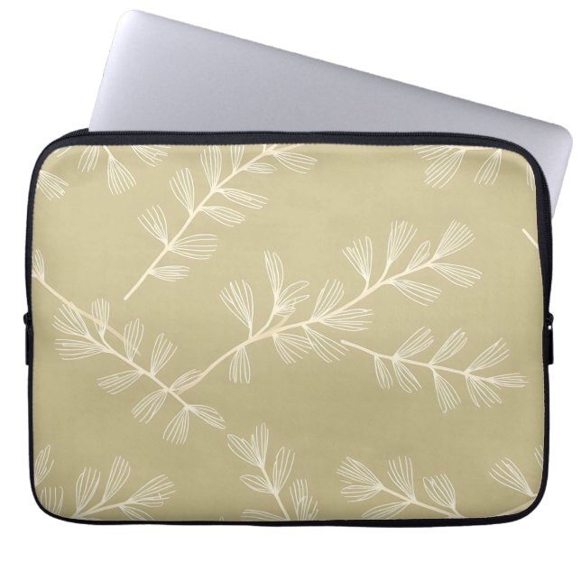 Sage Green Botanical Pattern Cream Hand Drawn Leaf Laptop Sleeve (Front)