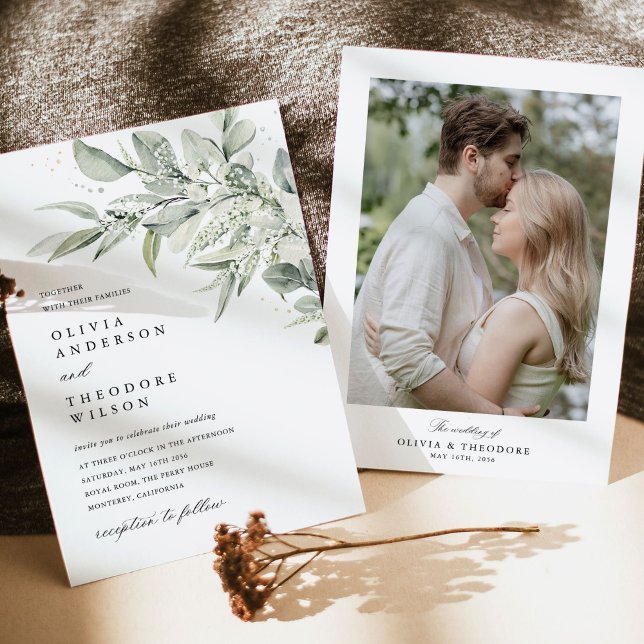 Sage Green Botanical Photo Back Wedding Invitation (Sage green botanical photo back wedding invitation, watercolor greenery, elegant wedding stationery)