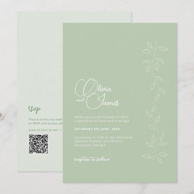 Sage Green Botanical QR Code Wedding Invitation (Front/Back)
