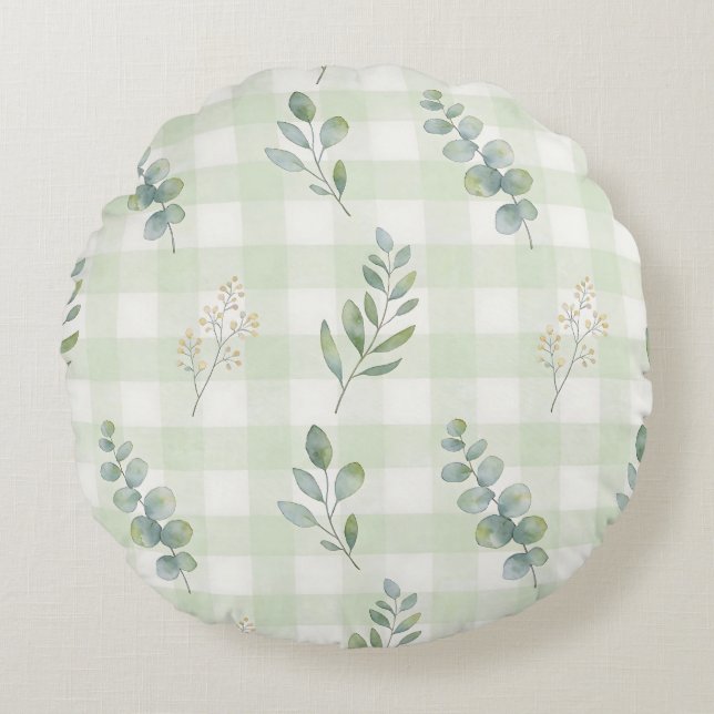 Sage Green Botanical Seamless Design Round Pillow (Front)