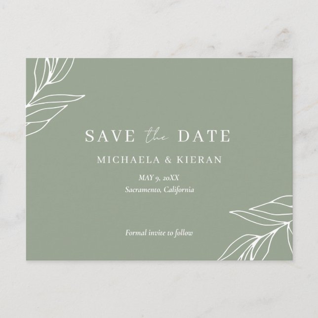 Sage Green Botanical Wedding Save The Date Announcement Postcard (Front)