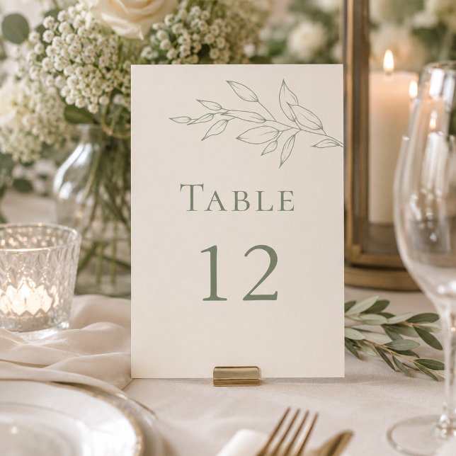 Sage Green Botanical Wedding Table Number (Sage Green Botanical Wedding Table Number on an elegant wedding dinner table)