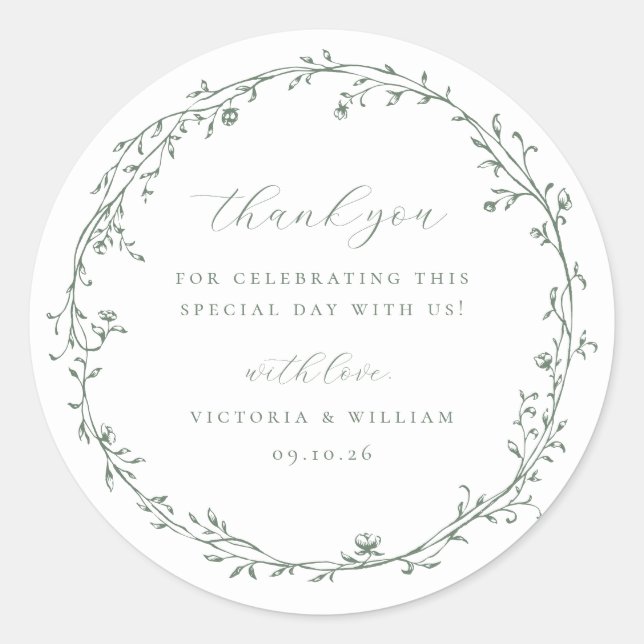 Sage Green Botanical Wreath Wedding Favour Classic Round Sticker (Front)