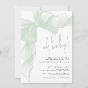 Sage Green Bow Baby Shower Invitation