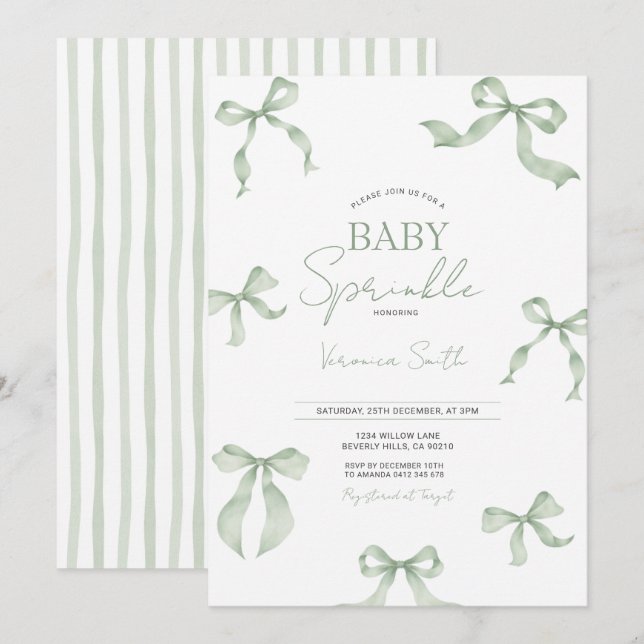Sage Green Bow Baby Sprinkle Invitation (Devant / Derrière)