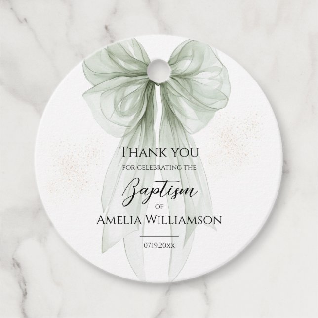 Sage Green Bow Baptism Favour Tags (Front)