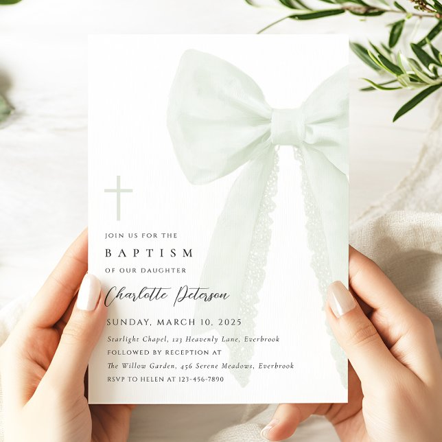 Sage Green Bow Baptism Invitation (Creator Uploaded)