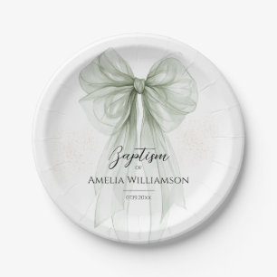Sage Green Bow Baptism Paper Plate