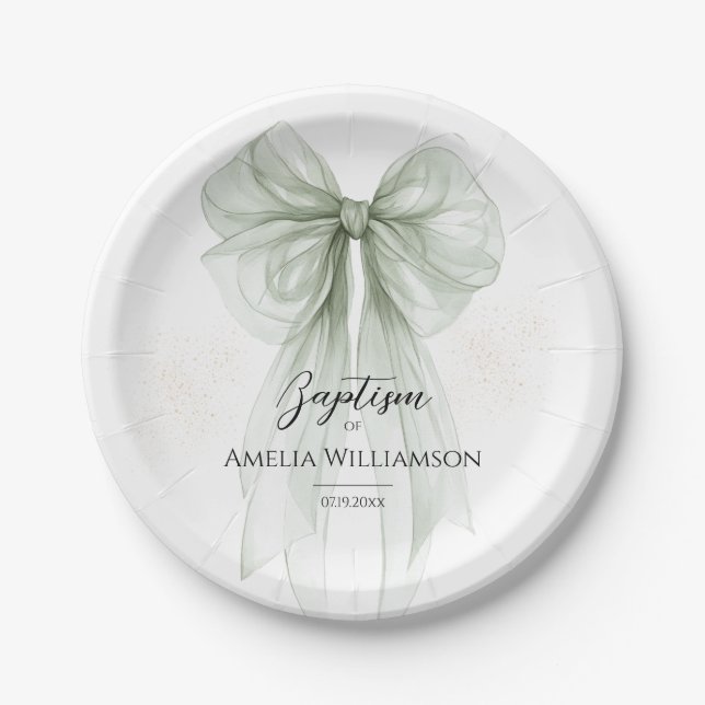 Sage Green Bow Baptism Paper Plate (Front)