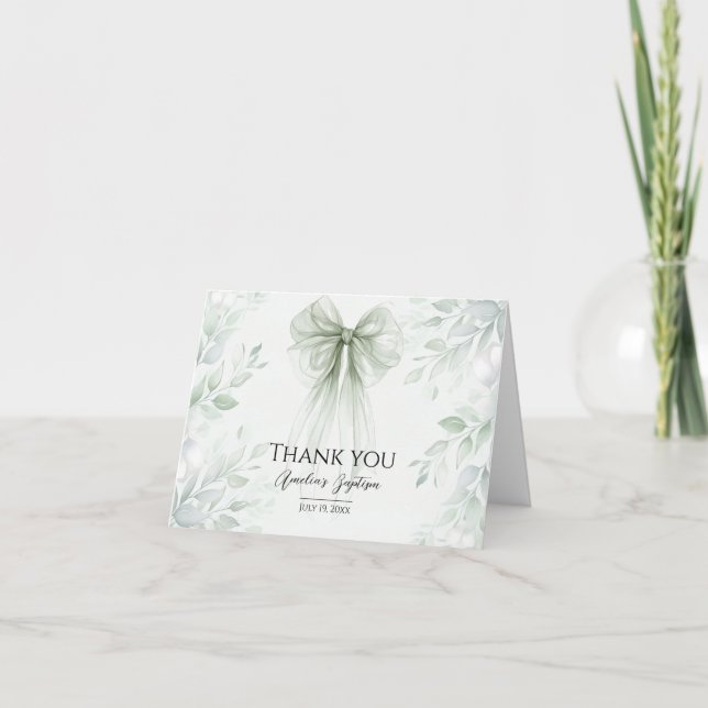 Sage Green Bow Baptism Thank You Card (Front)