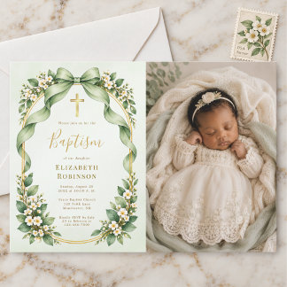 Sage Green Bow Botanical Baptism Photo Invitation