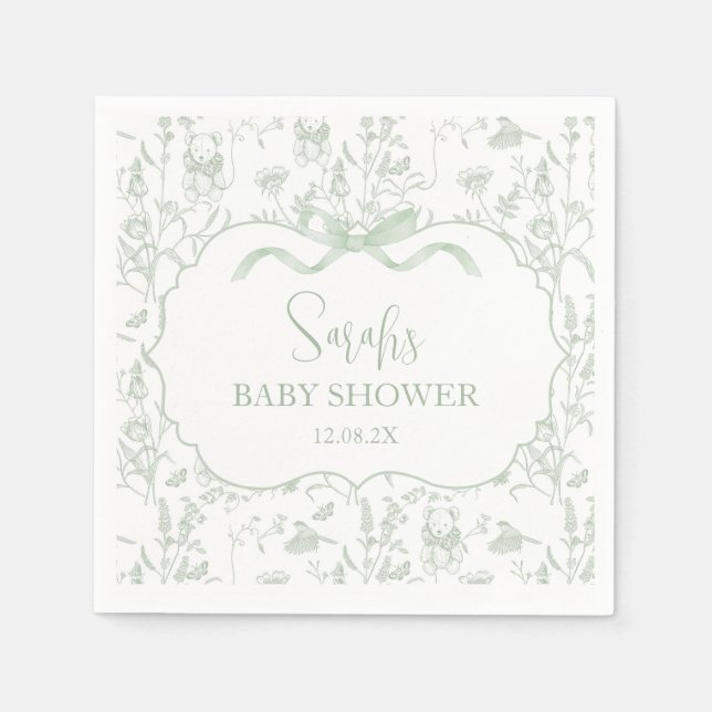 Sage Green Bow Chinoiserie Baby Shower Napkin (Front)