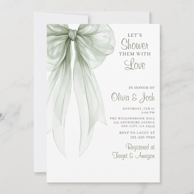 Sage Green Bow Couples Bridal Shower Invitation (Front)