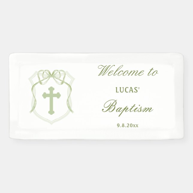 Sage Green Bow Crest Baptism Banner (Horizontal)