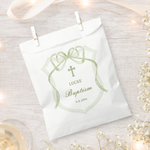 Sage Green Bow Crest Baptism Favour Bag