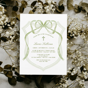 Sage Green Bow Crest Baptism Invitation
