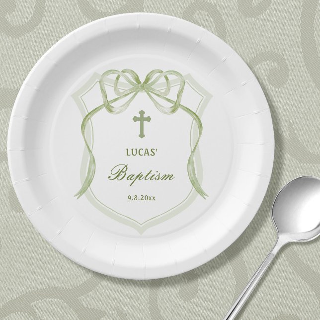 Sage Green Bow Crest Baptism Paper Plate (Creator Uploaded)