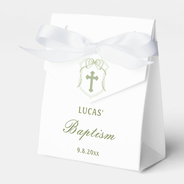 Sage Green Bow Crest Baptism Tent Favor Box (Front Side)