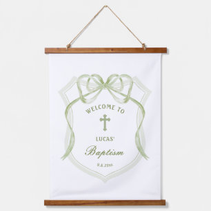 Sage Green Bow Crest Baptism Welcome Hanging Tapestry