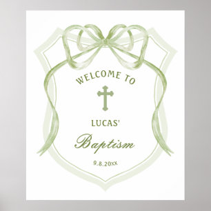 Sage Green Bow Crest Baptism Welcome Poster