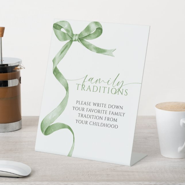 Sage Green Bow Favourite Family Traditions Game Pedestal Sign (In SItu)