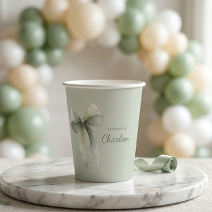 Sage Green Bow Gingham Baby Shower Paper Cups