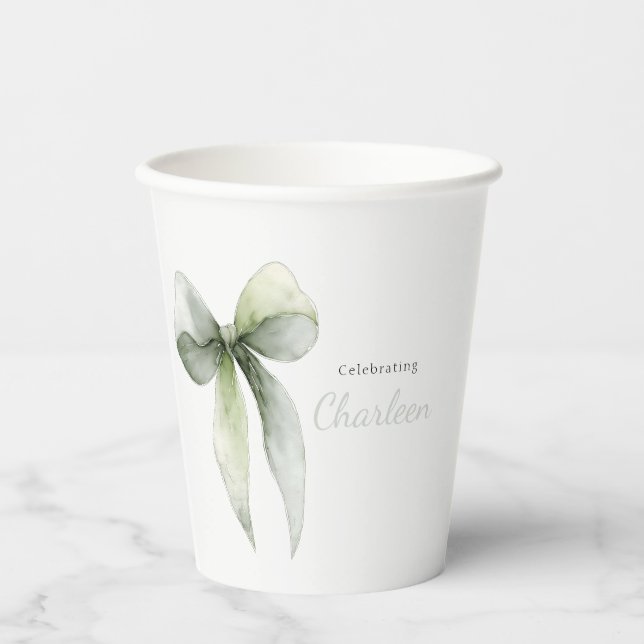 Sage Green Bow Gingham Baby Shower Paper Cups (Front)