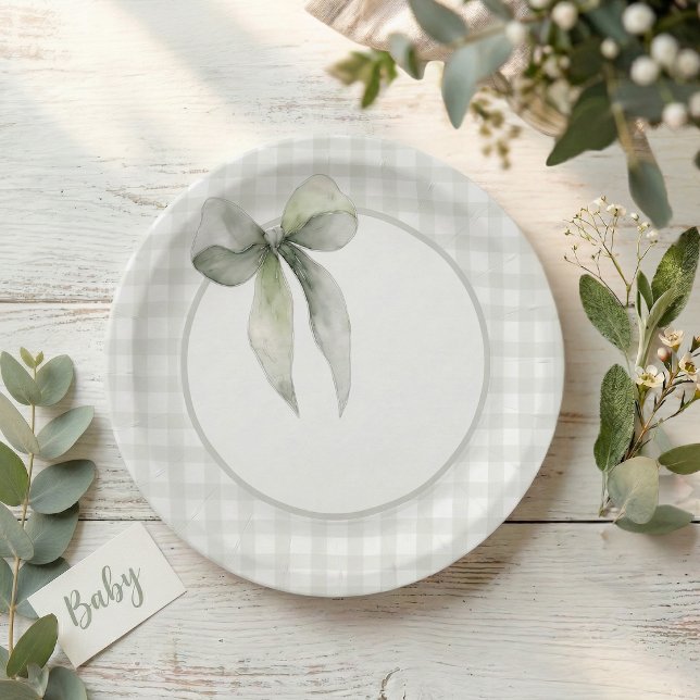 Sage Green Bow Gingham Baby Shower Paper Plate (Creator Uploaded)