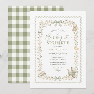 Sage Green Bow Gingham Baby Sprinkle Invitation