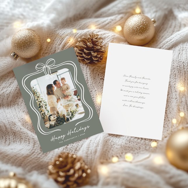 Sage Green Bow Illustration Photo Holiday Card (Creator Uploaded)