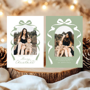 Sage Green Bow Photo Merry Christmas Arch Holiday Card