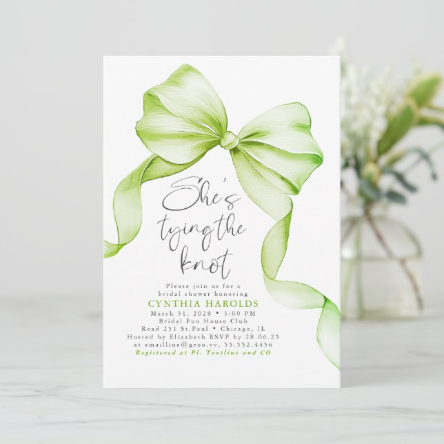 Sage Green Bow She's Tying the Knot Bridal Shower Invitation (Standing Front)
