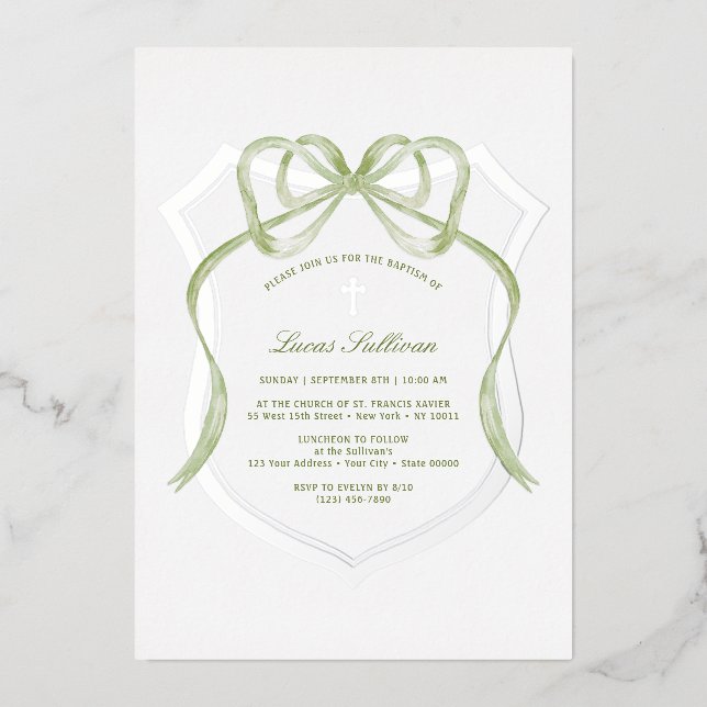 Sage Green Bow Silver Crest Baptism (Front)