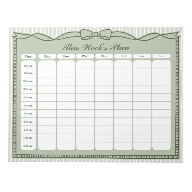 Sage Green Bow This Week's Plan Hourly Schedule Notepad (Front)