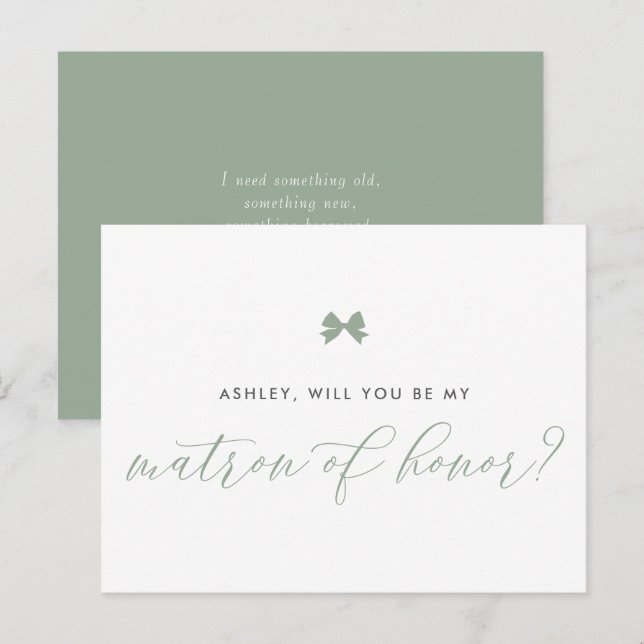 Sage Green Bow Will You Be My Matron of Honour Car Postcard (Front/Back)