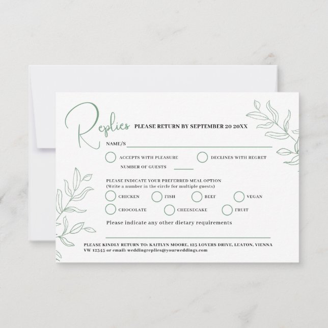 Sage green branch meal option wedding event RSVP (Back)