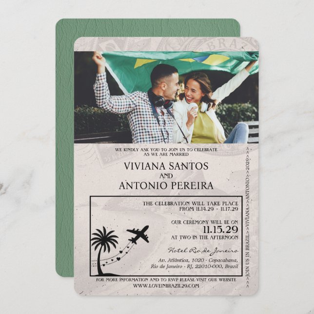 Sage Green Brazil Passport Wedding Invitation (Front/Back)