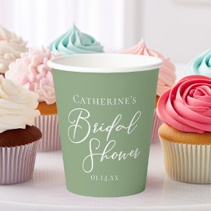 Sage Green Bridal Shower Personalized White Script Paper Cups