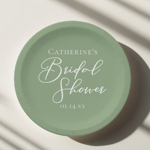 Sage Green Bridal Shower Personalized White Script Paper Plate